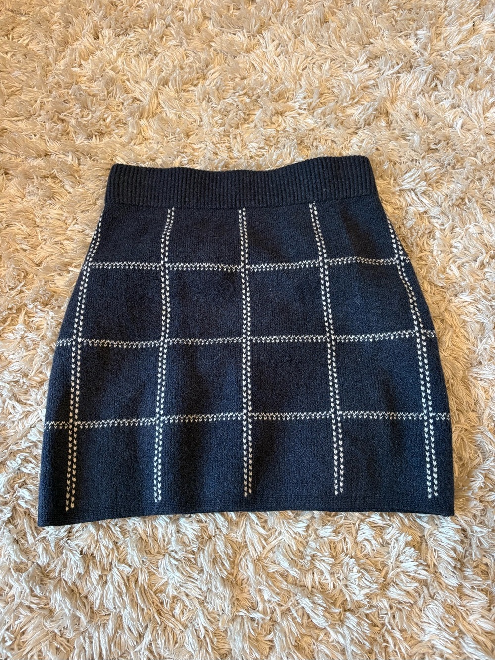 Dark Navy Windowpane Knit Stretch Midi Skirt